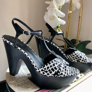 Coach Black and White Signature T-Strap platform shoes